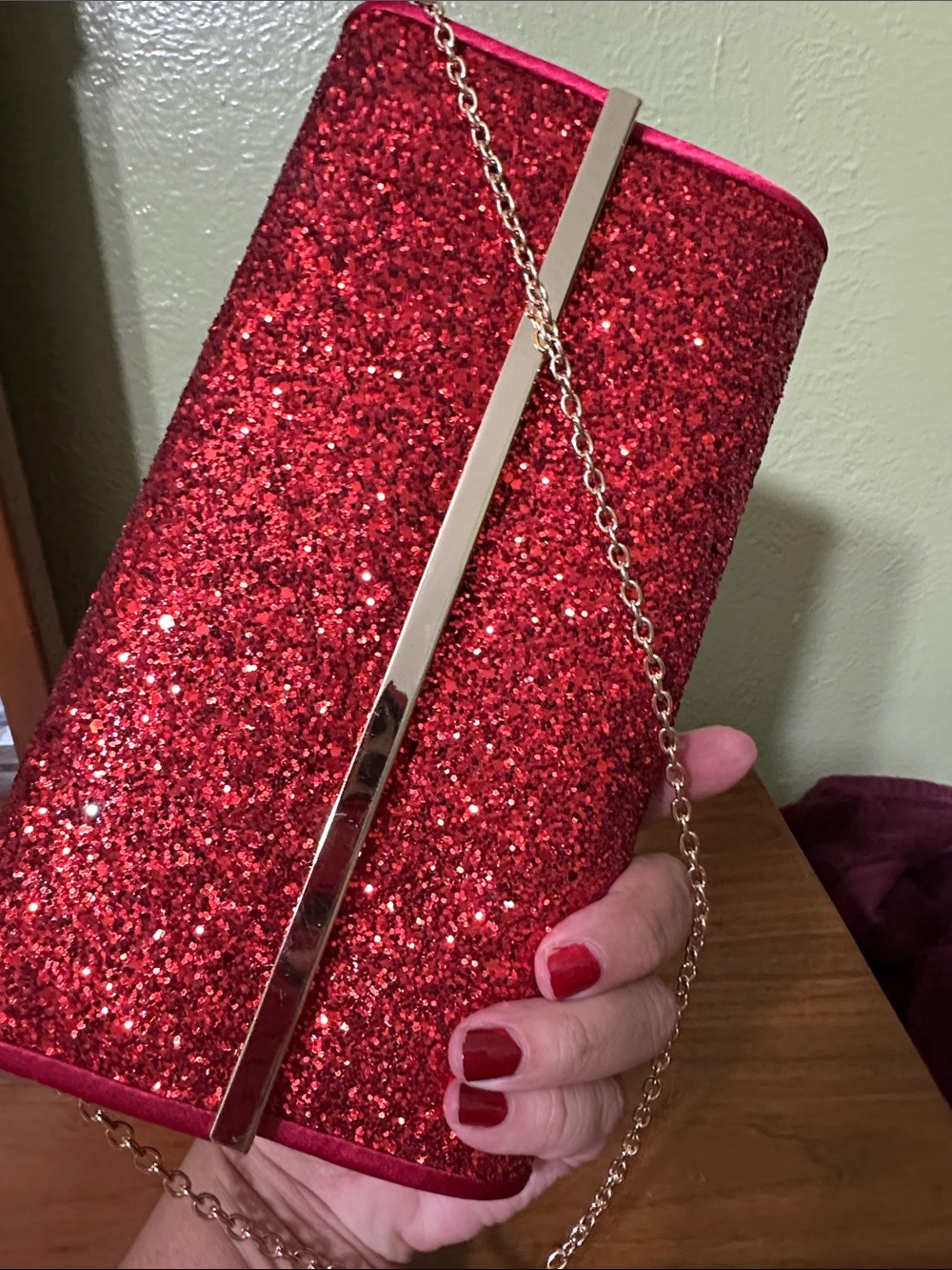 Camille La Vie Red Glitter Clutch with Gold Chain